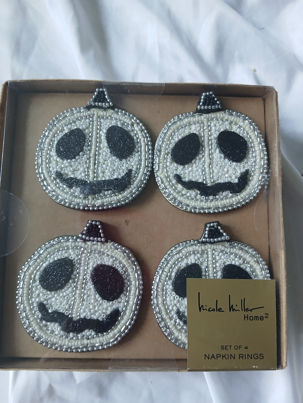 Nicole Miller Black & White Beaded Pumpkin Napkin Rings - Set of 4